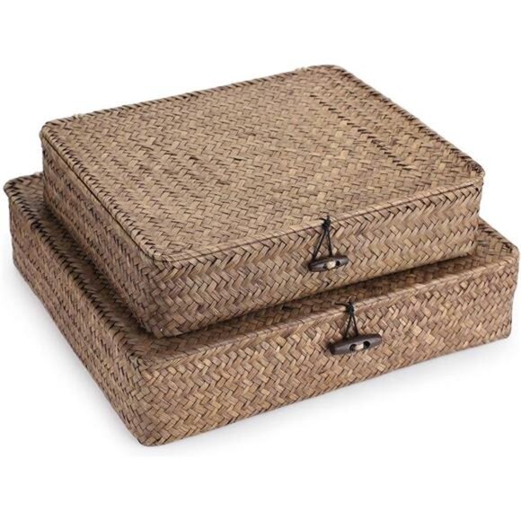 Set of 2 Flat Woven Wicker Storage Bins with Lid Natural Seagrass Basket - Picture 1 of 7